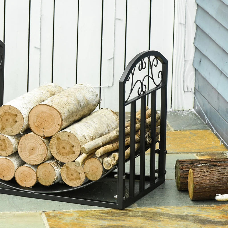 Indoor and Outdoor Metal Log Rack with Curved Shelf, Holds Up to 60kg of Wood, Black, 60.5x36x46.5cm