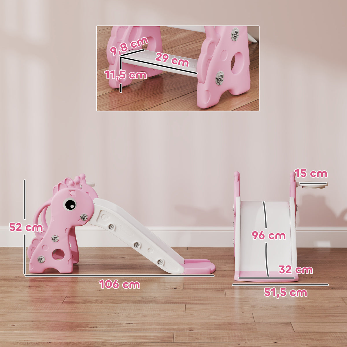 AIYAPLAY Kids Slide with Ladder, Basketball Hoop and Ball, Giraffe Design, for Children 1-3 Years Old, Pink