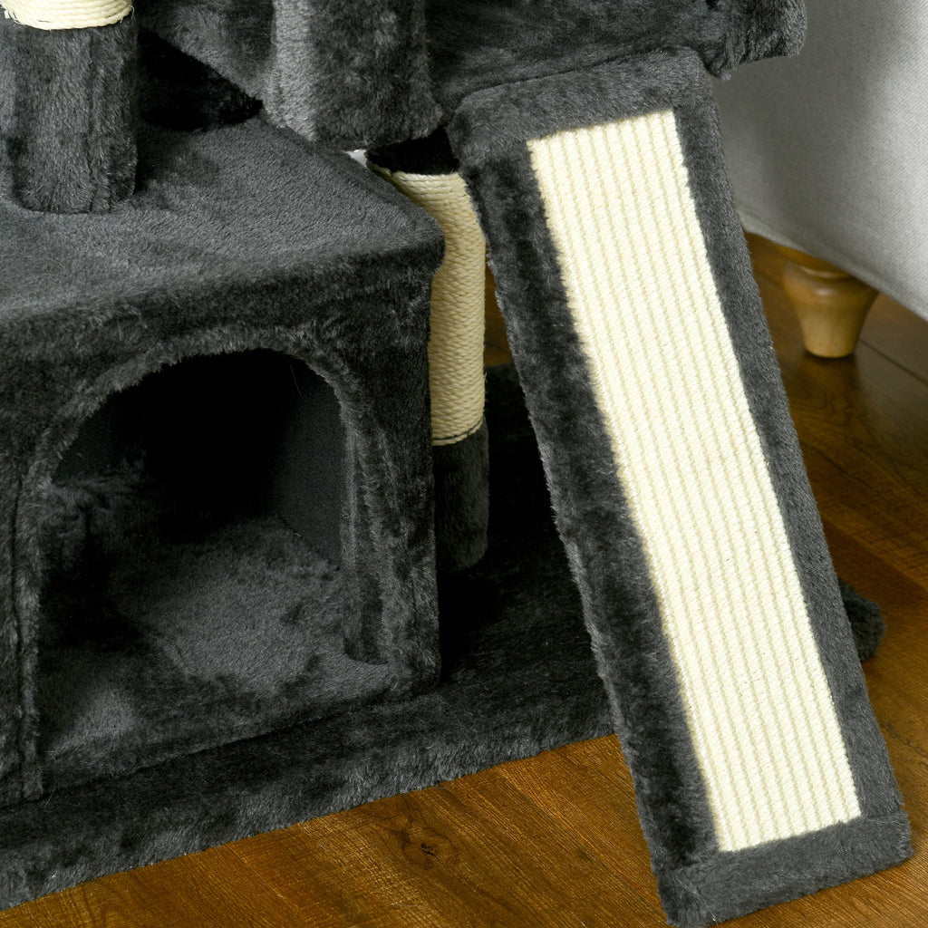 Scratching Tree for Cats with Sisal Poles, Bed and 2 Houses, 59x39x83cm, Dark Gray