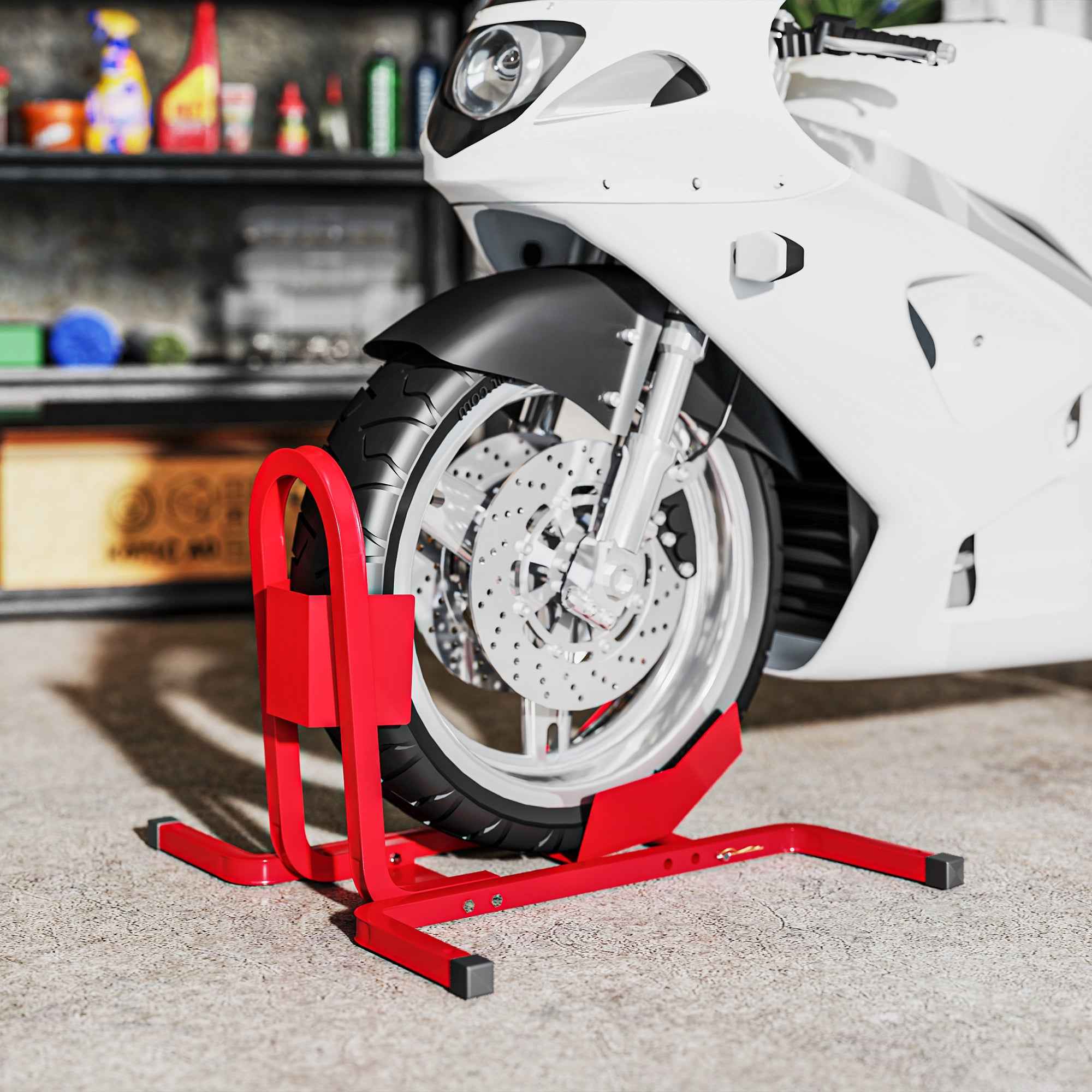 HOMCOM 3-Level Adjustable Motorcycle Wheel Chock, 250kg Max, Metal, 60x55x43cm, Red