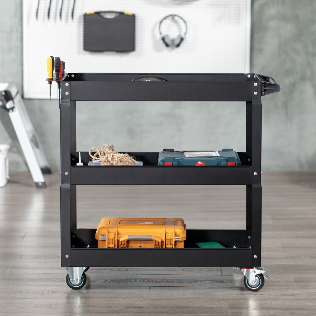 3-Tier Steel Tool Cart with High Edges and 4 Swivel Wheels, 83x35.3x76 cm, Black
