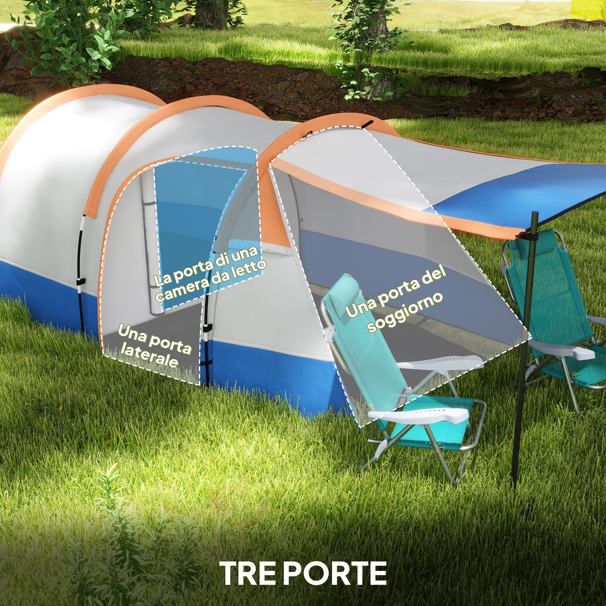 Waterproof Camping Tent with 2 Areas and 3 Entrances, Polyester and Fiberglass, 420x200x150 cm, Orange