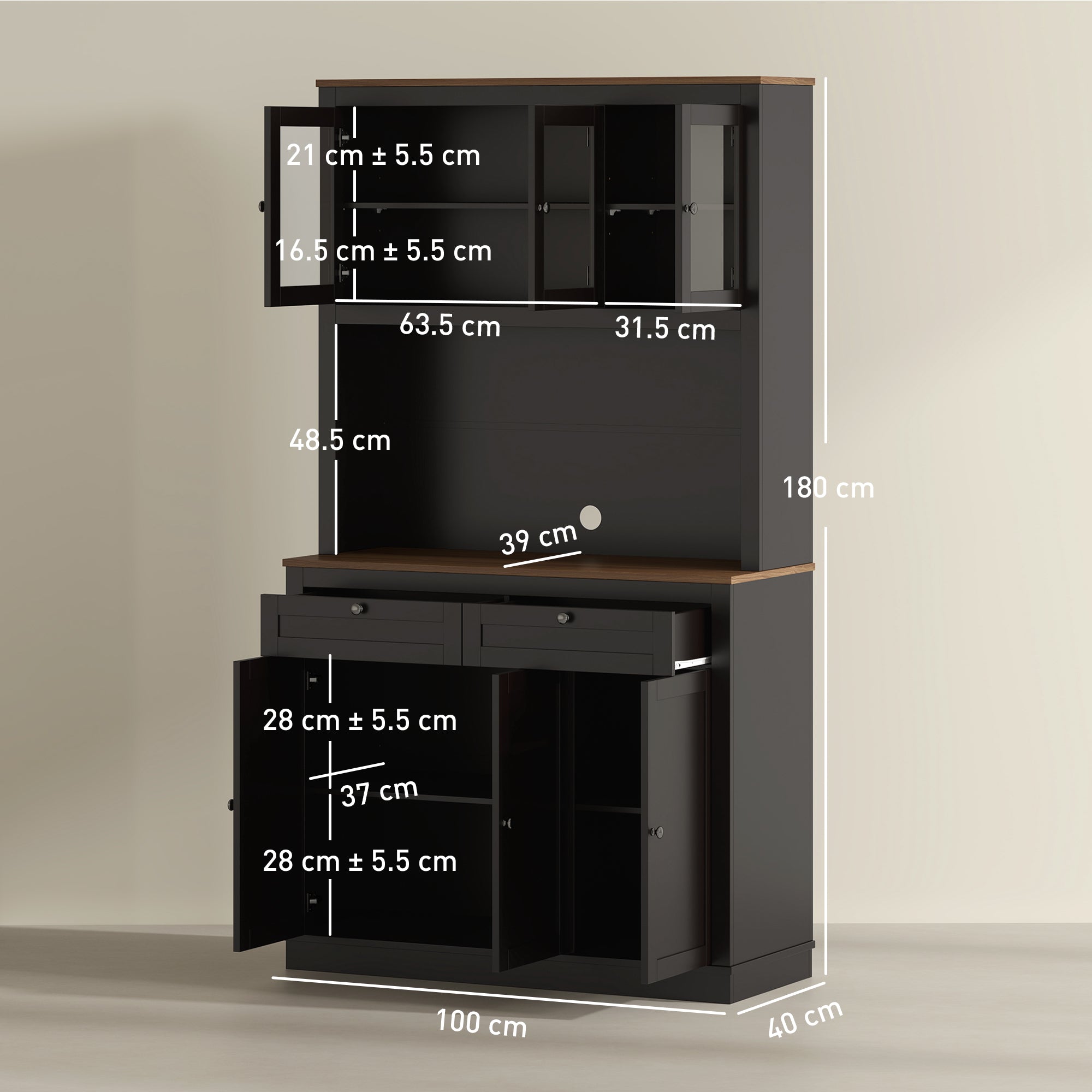 Tall Kitchen Sideboard with 4 Cabinets, 2 Drawers and Central Top, 100x40x180 cm, Black