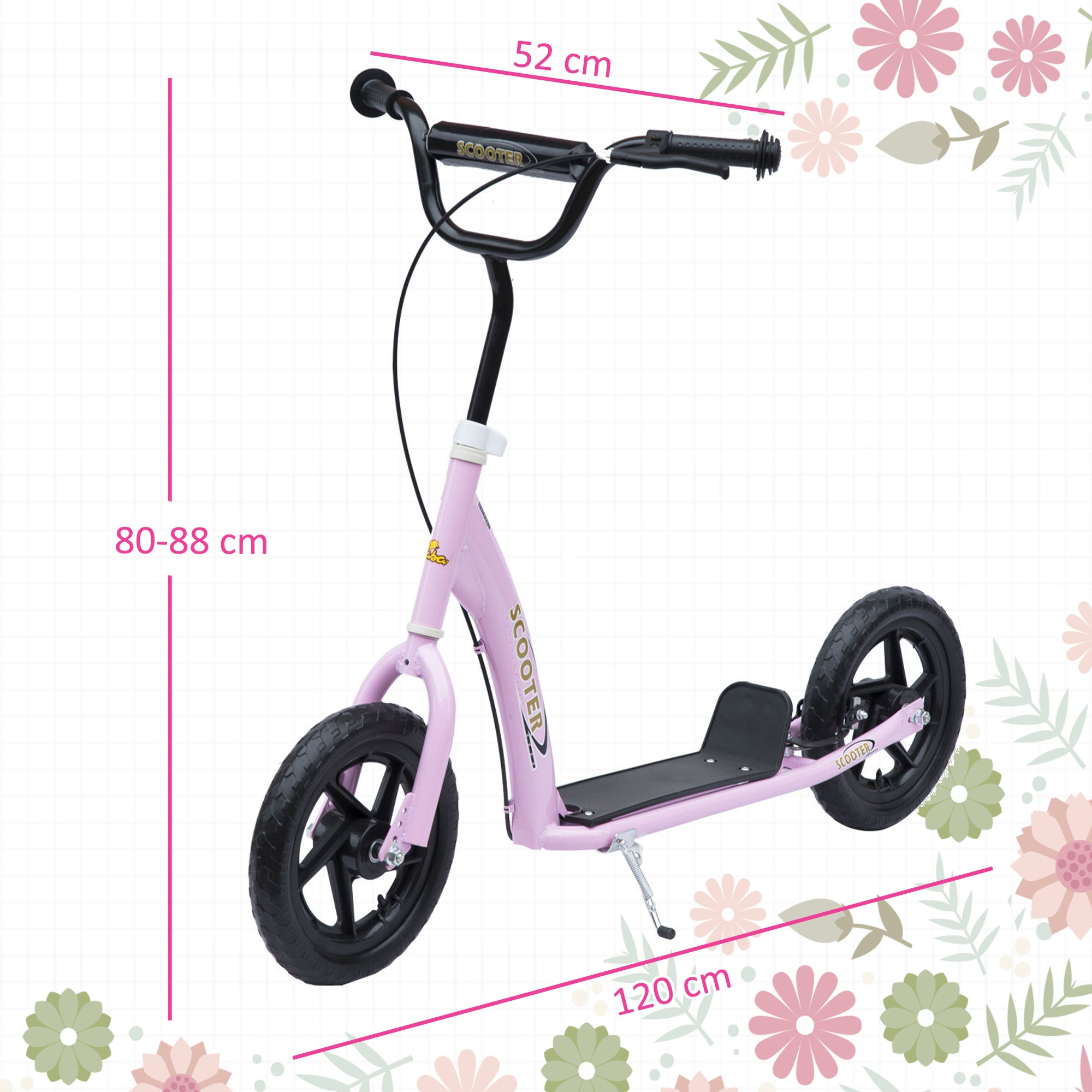 Kids Scooter for 5-12 Years Old with Rear Brake and Adjustable Handlebar, 120x52x80-88 cm, Pink