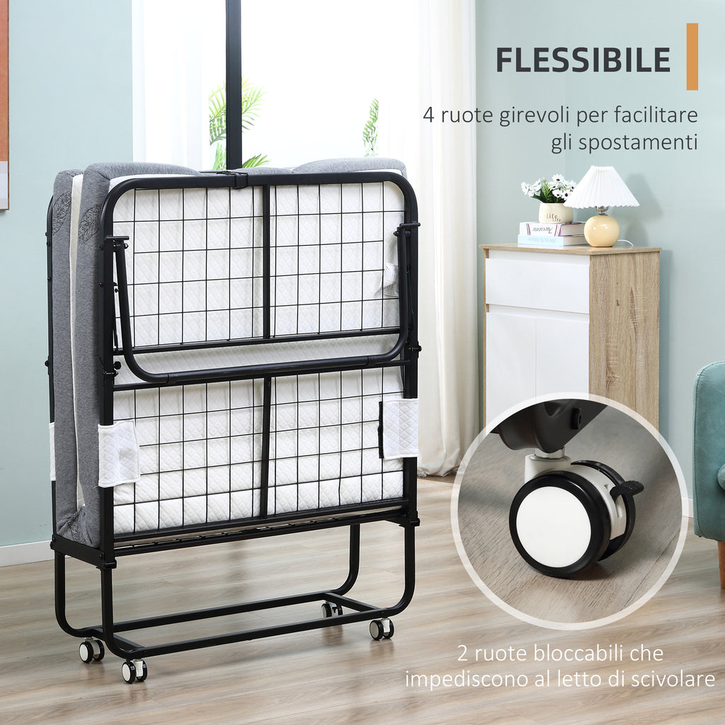 Folding Single Bed 90x200cm with 10cm Thick Mattress, Metal Base and Wheels with Brakes, Black