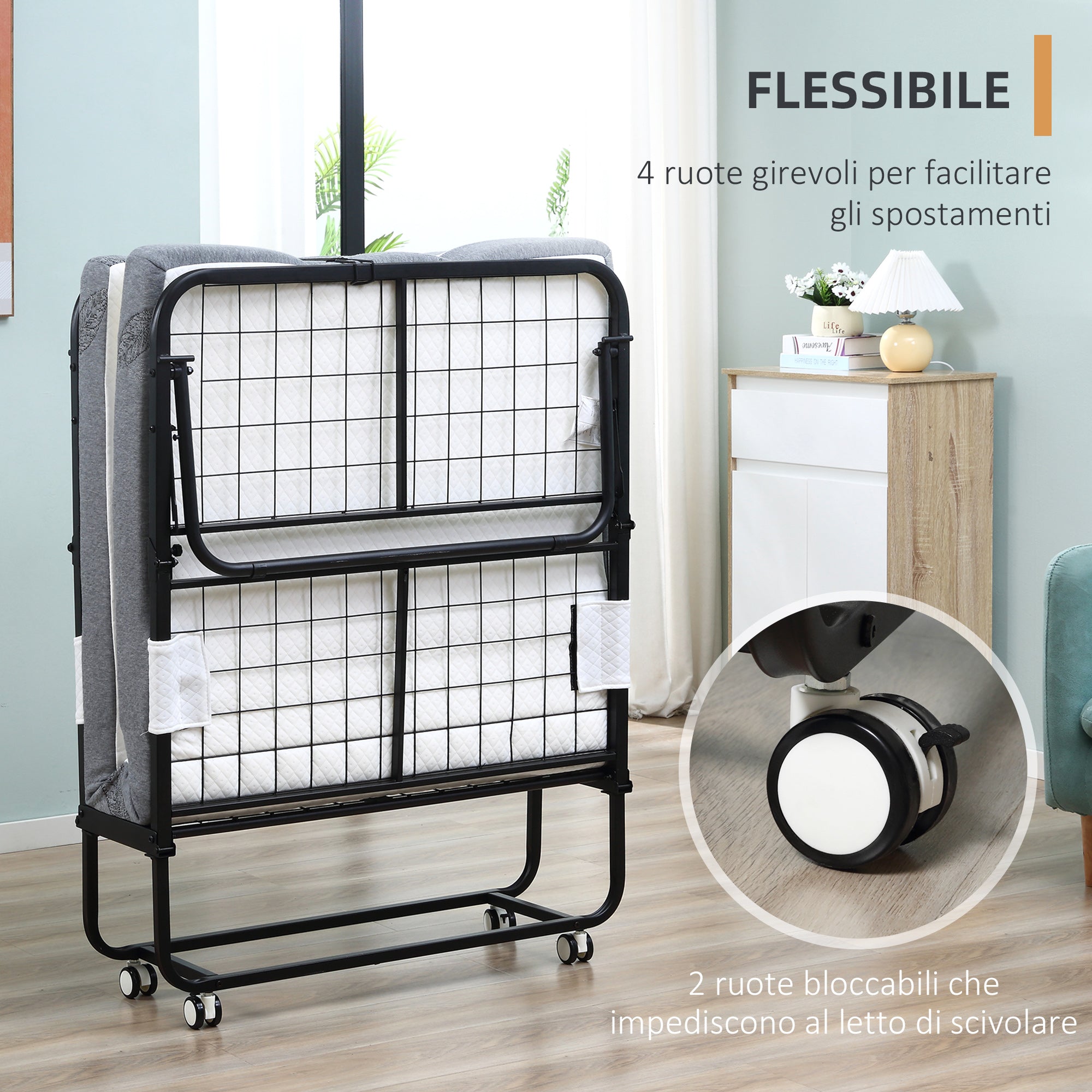 Folding Single Bed 90x200cm with 10cm Thick Mattress, Metal Base and Wheels with Brakes, Black