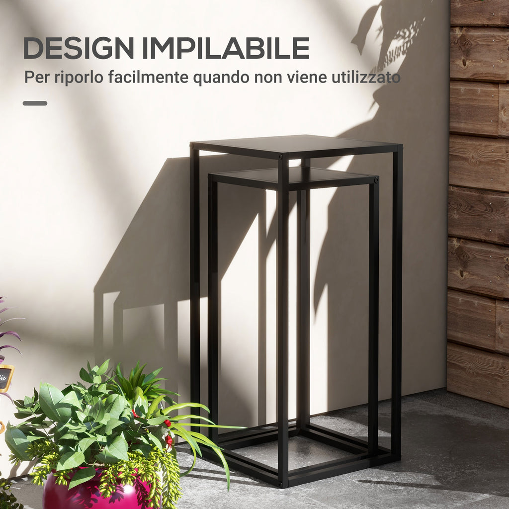 Plant Stand Table Set of 2 in Steel for Indoor and Outdoor Use, 25x25x58.5 cm and 31x31x65 cm, Black