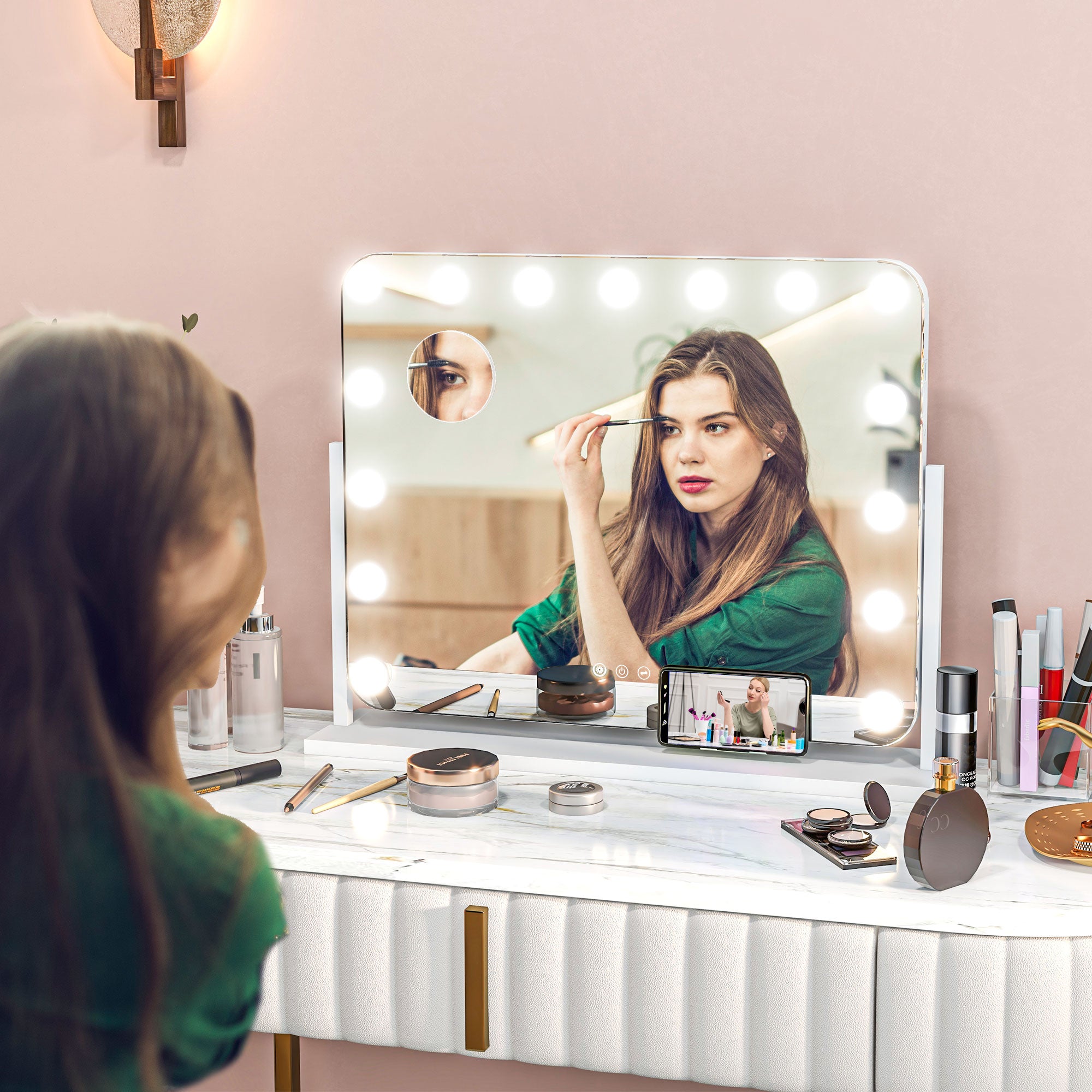 Makeup Mirror with 14 Adjustable LED Lights and USB Charging, Glass and Metal, 62.5x14x49.5 cm, White
