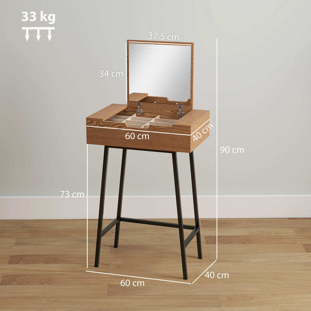 Industrial Style Vanity Table with Folding Mirror and 16 Compartments, Wood and Steel, 60x40x90 cm