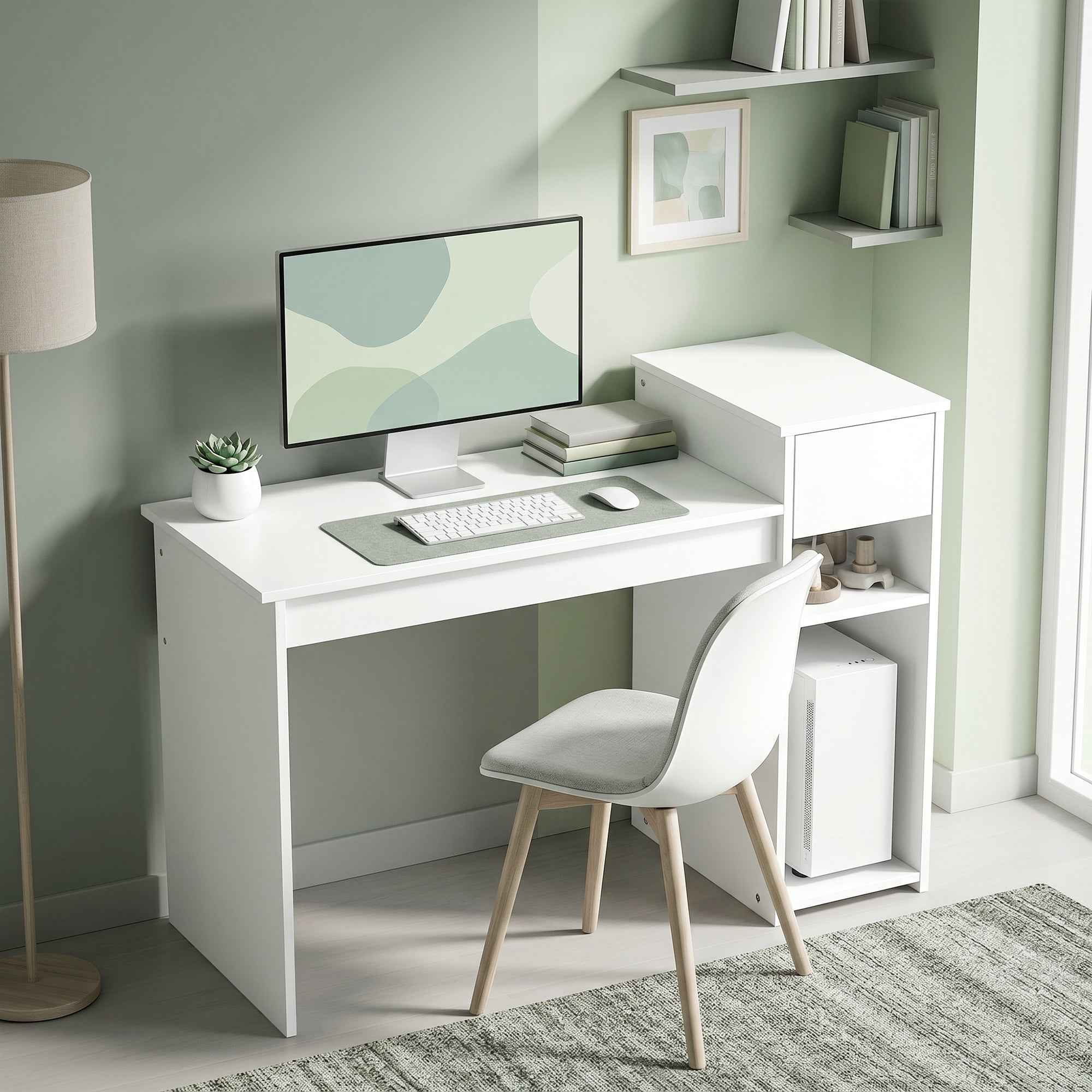 HOMCOM 108cm Study and Writing Desk with Drawer and Shelves, White