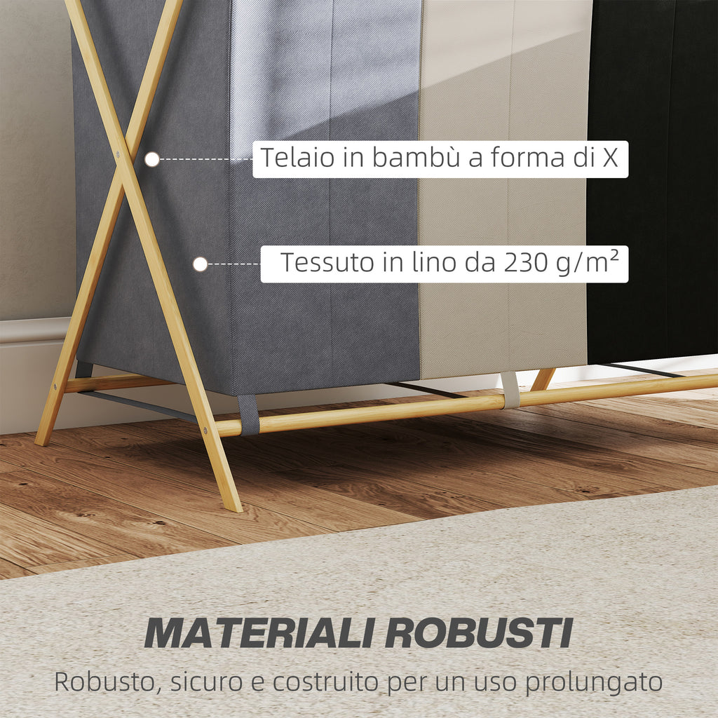 Foldable Laundry Hamper with 3 Compartments, Bamboo and Linen Effect Fabric, 75x48x67 cm, Multicolor