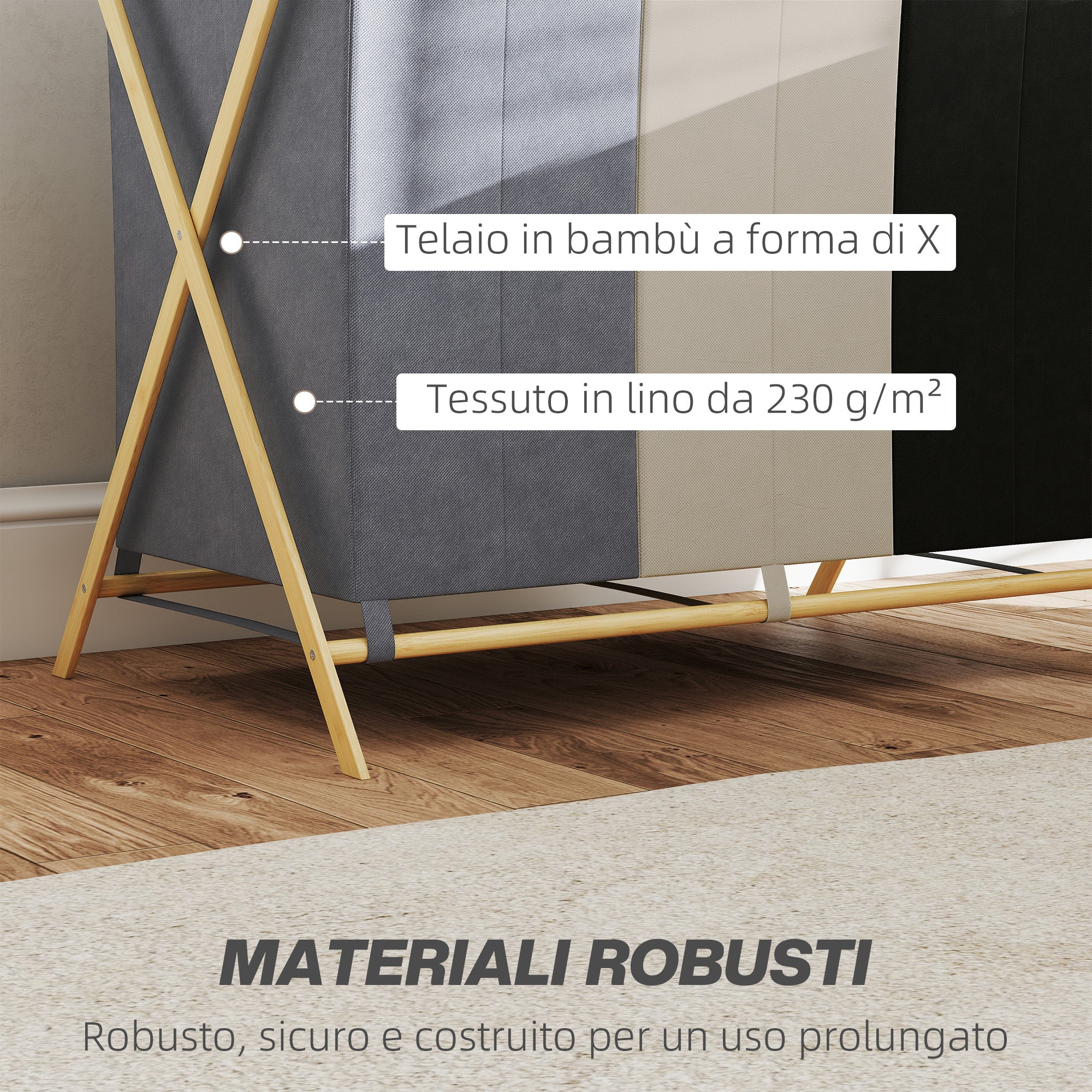 Foldable Laundry Hamper with 3 Compartments, Bamboo and Linen Effect Fabric, 75x48x67 cm, Multicolor