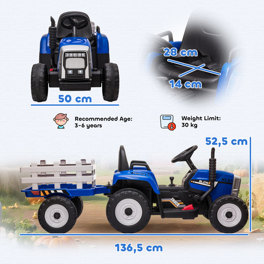 HOMCOM Electric Tractor for Kids with Removable Trailer, Remote Control, USB Port, Music and Lights, Ages 3-6 Years, Blue