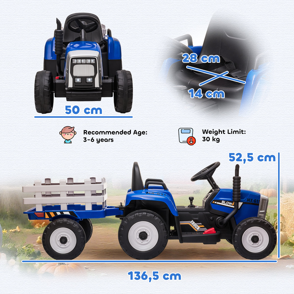 HOMCOM Electric Tractor for Kids with Removable Trailer, Remote Control, USB Port, Music and Lights, Ages 3-6 Years, Blue