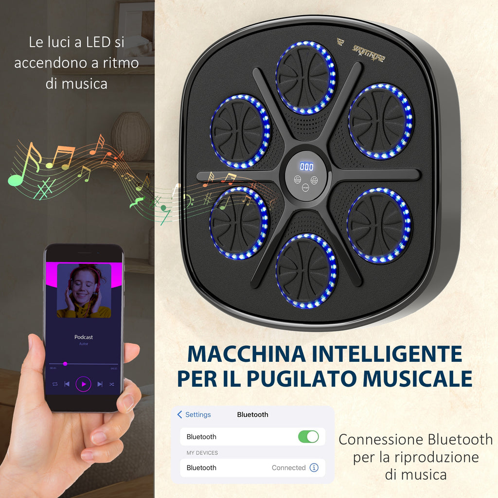SPORTNOW Wall-Mounted Musical Boxing Machine with 9 Speeds, Bluetooth Connection and Gloves, 41.8 x 44.6 x 7.5 cm, Black and Blue