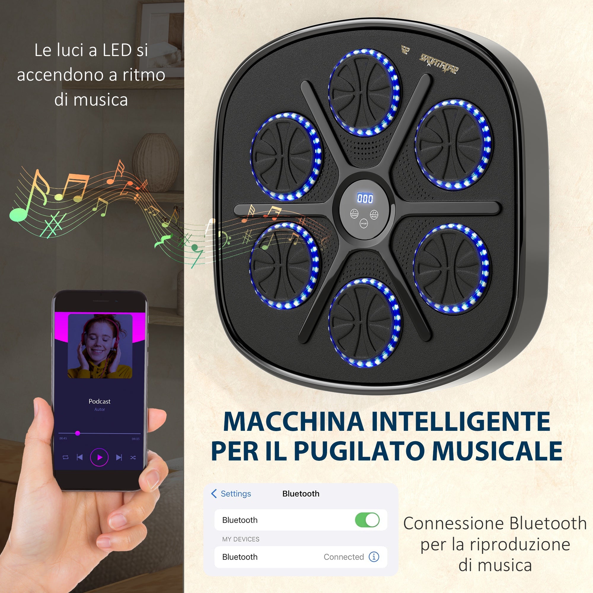 SPORTNOW Wall-Mounted Musical Boxing Machine with 9 Speeds, Bluetooth Connection and Gloves, 41.8 x 44.6 x 7.5 cm, Black and Blue