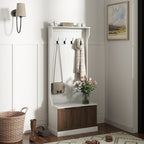 3 in 1 Clothes Hanger with 4 Hooks and Storage Bench, in Wood, 71.5x39.5x170 cm, White