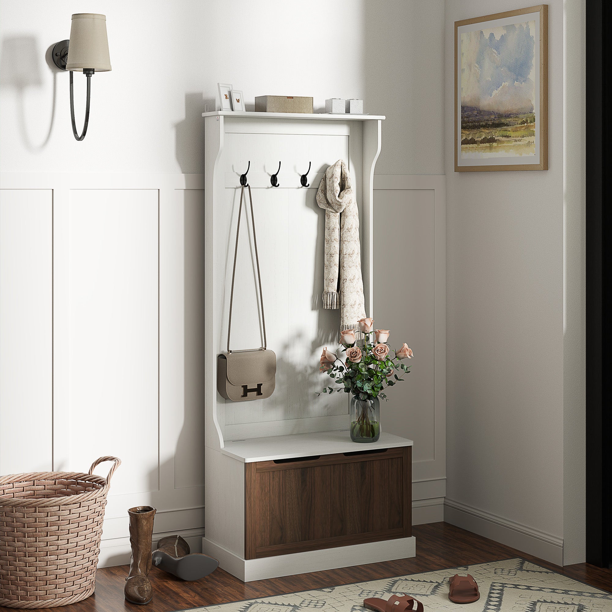 3 in 1 Clothes Hanger with 4 Hooks and Storage Bench, in Wood, 71.5x39.5x170 cm, White