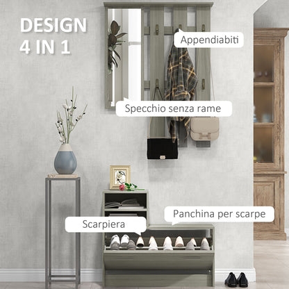 Hallway Furniture Set with Coat Rack, Mirror, Bench with Shelf and Shoe Rack for 8 Pairs of Shoes, Grey