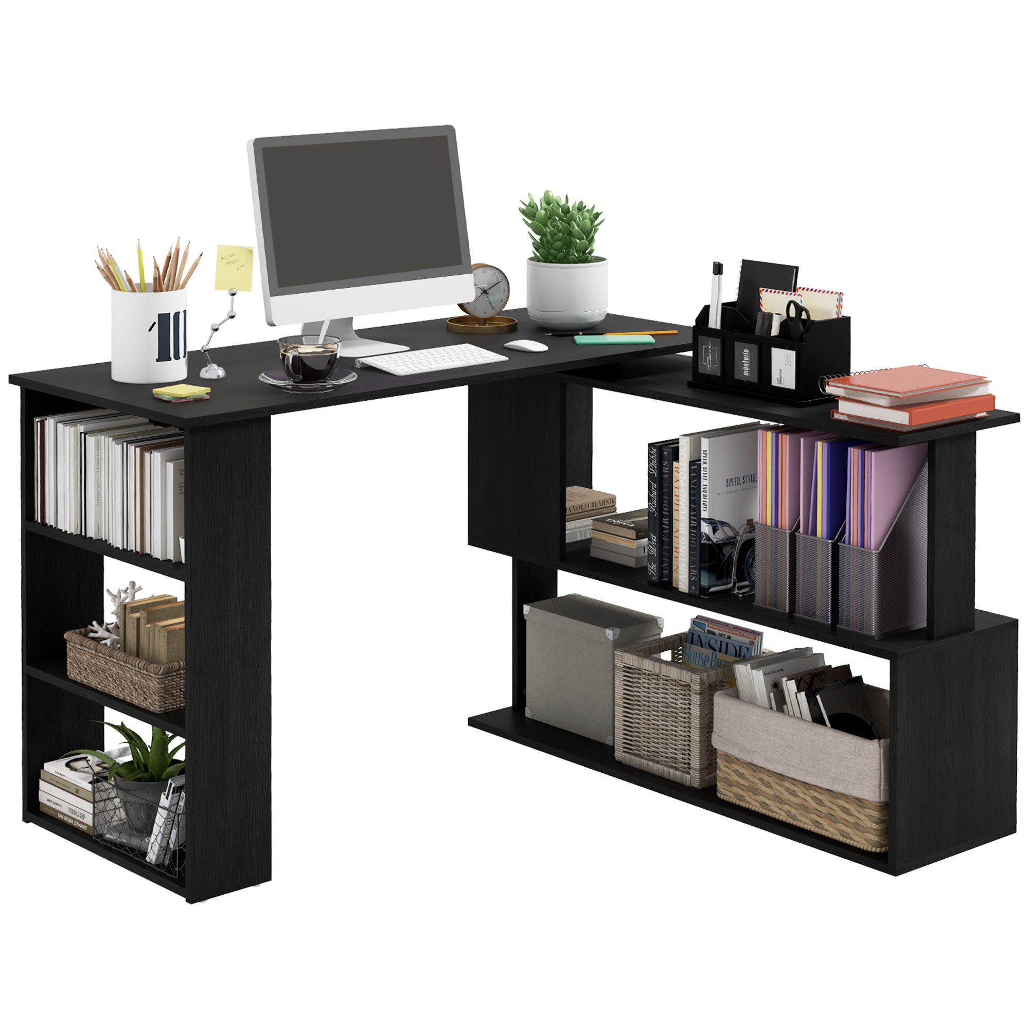 Corner Desk with 360° Swivel Top and 5 Shelves, 120x110x74.5 cm, Black