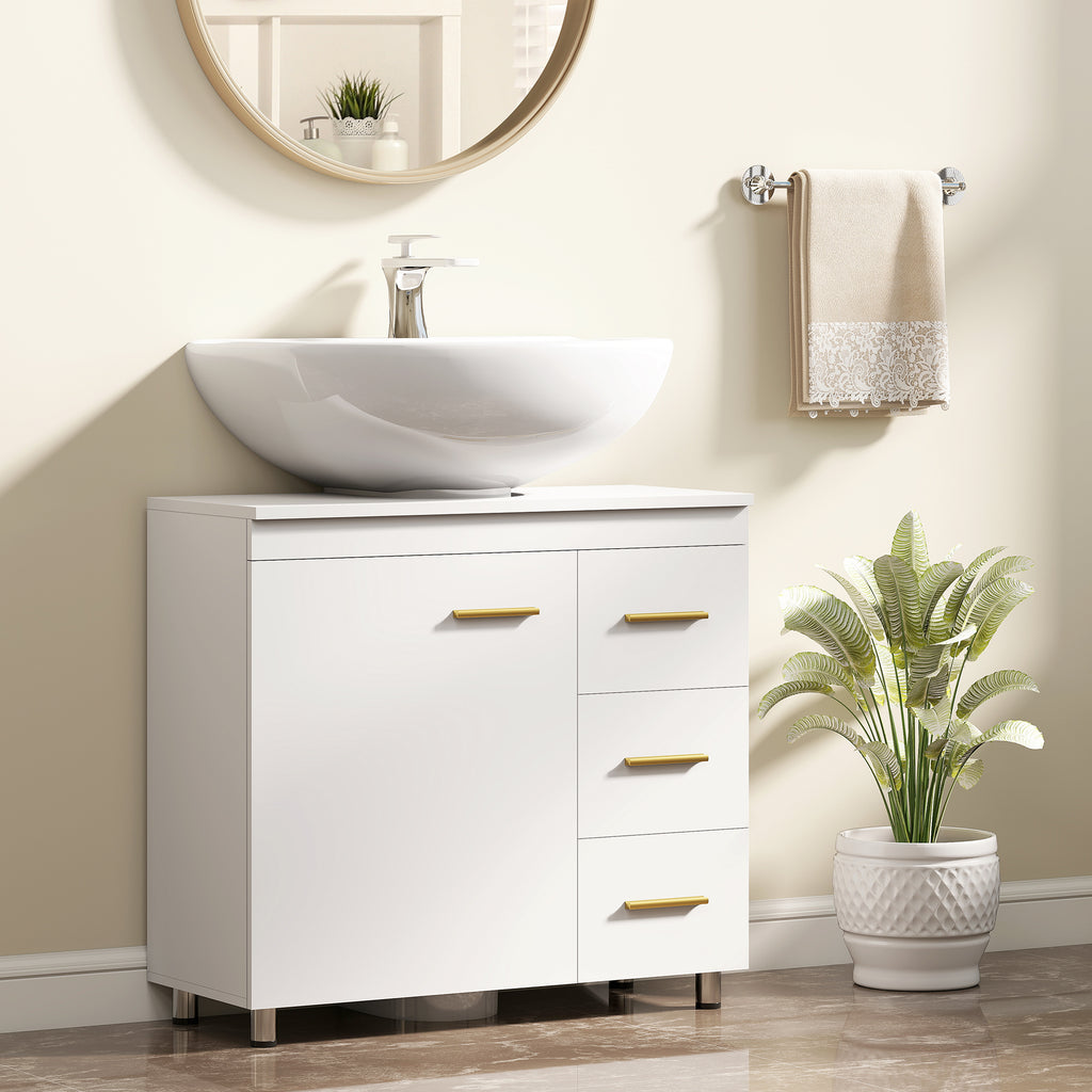 Under Sink Cabinet with U-Shaped Cutout, Cabinet with 3 Drawers, Soft-Close, 70x30x65 cm, White