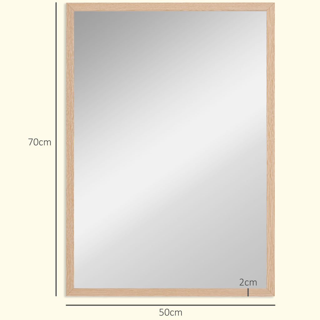 HOMCOM Rectangular Wall Mirror with Hooks, Glass and MDF Wall Mirror, 50x70 cm, Wood Color