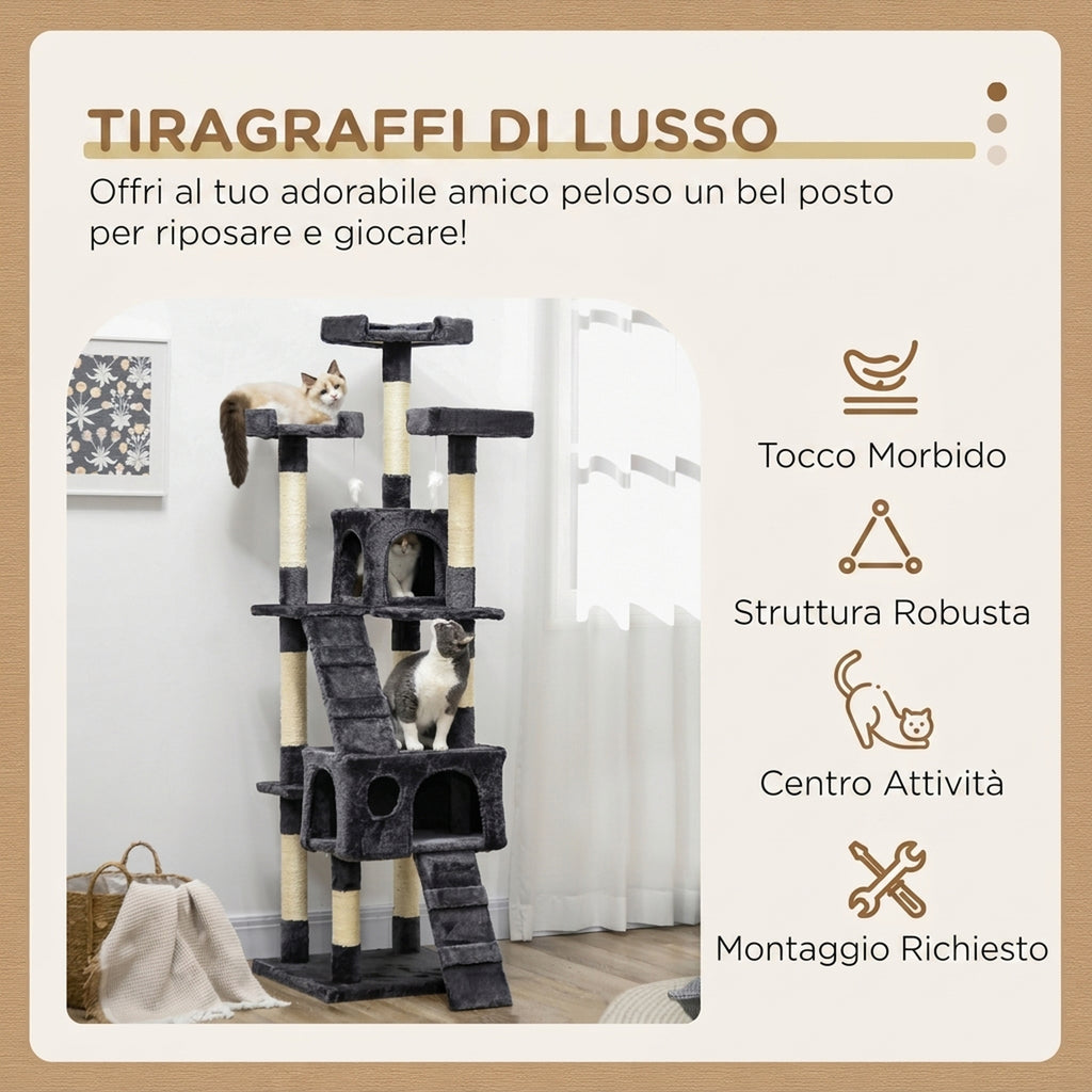 PawHut Cat Tree with 3 Perches, 2 Houses and Hanging Toys, Made of Wood and Plush, Dark Grey