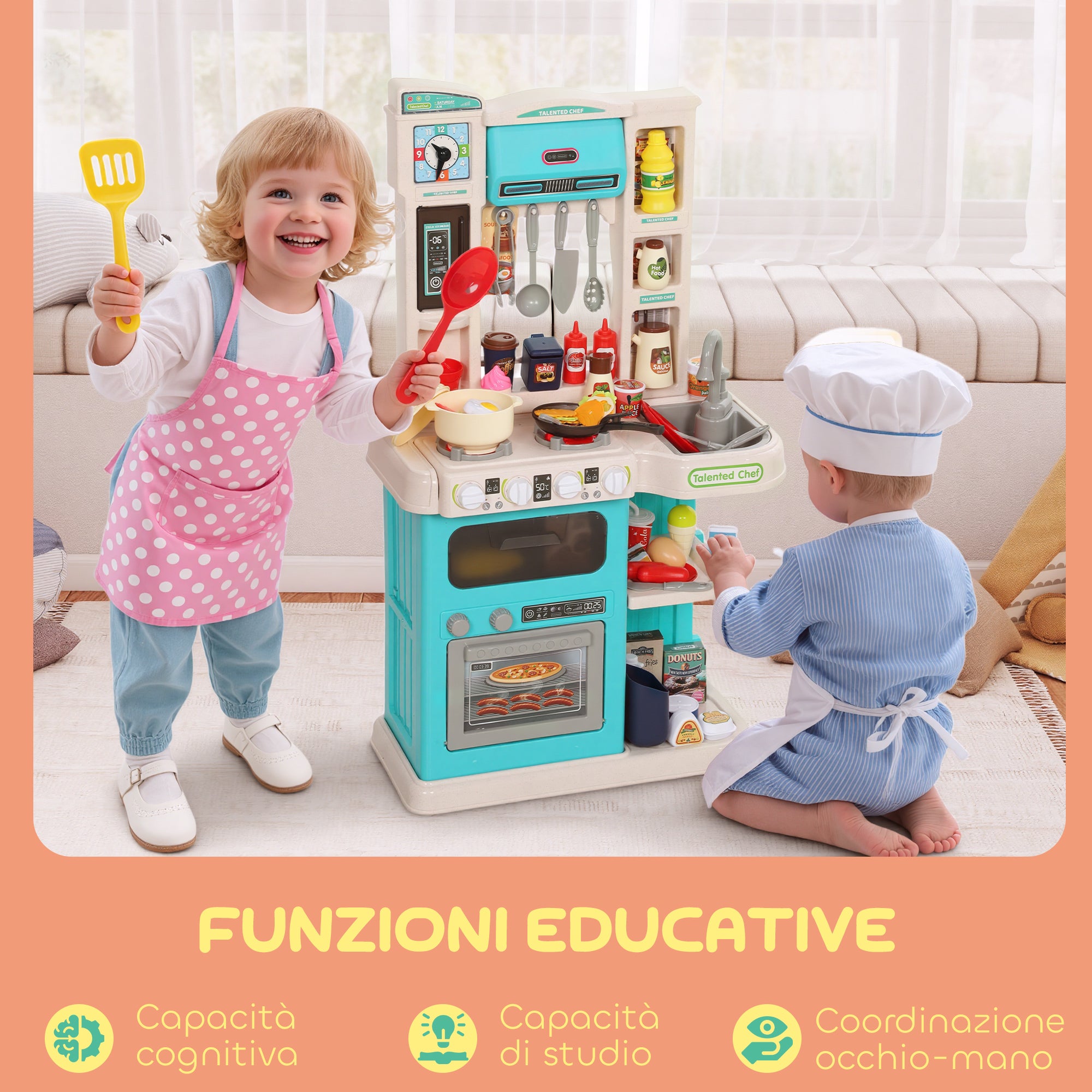 Toy Kitchen for Children 3-6 Years with 92 Accessories, in PP, PE and ABS, 44.5x24x79 cm, Green