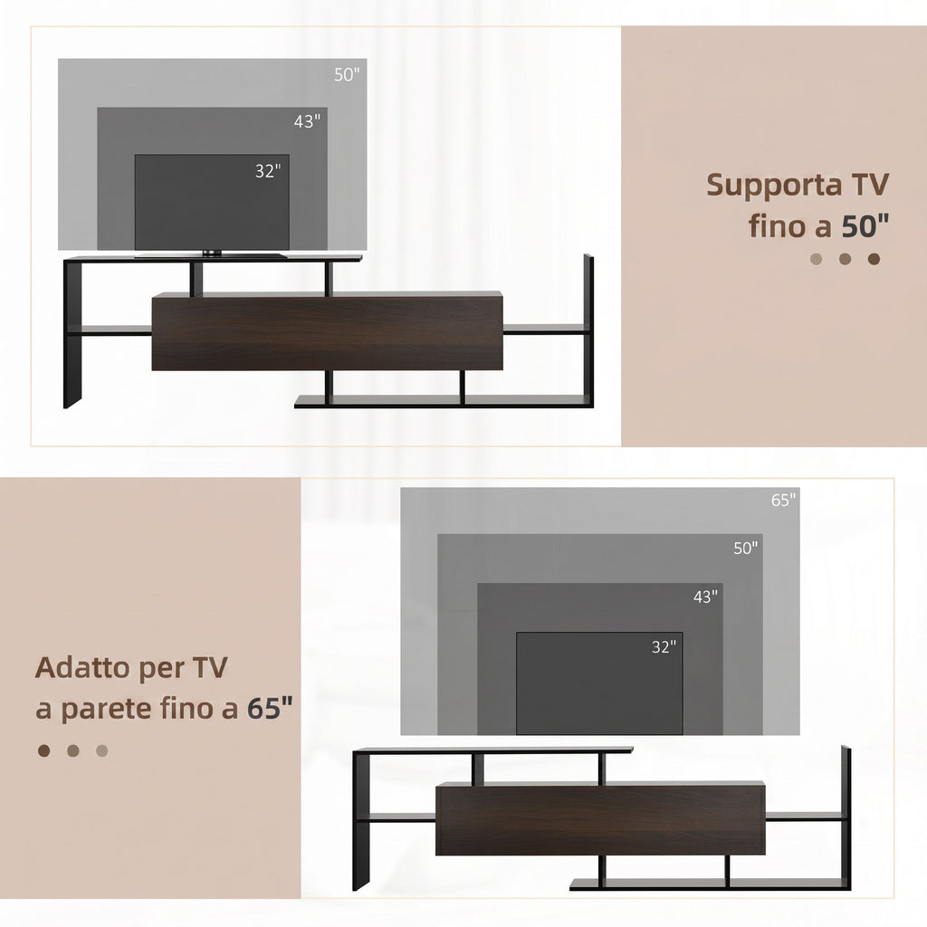 HOMCOM Wall-Mounted TV Stand with Open Shelves and Cabinet for Living Room and Bedroom, Black and Dark Brown