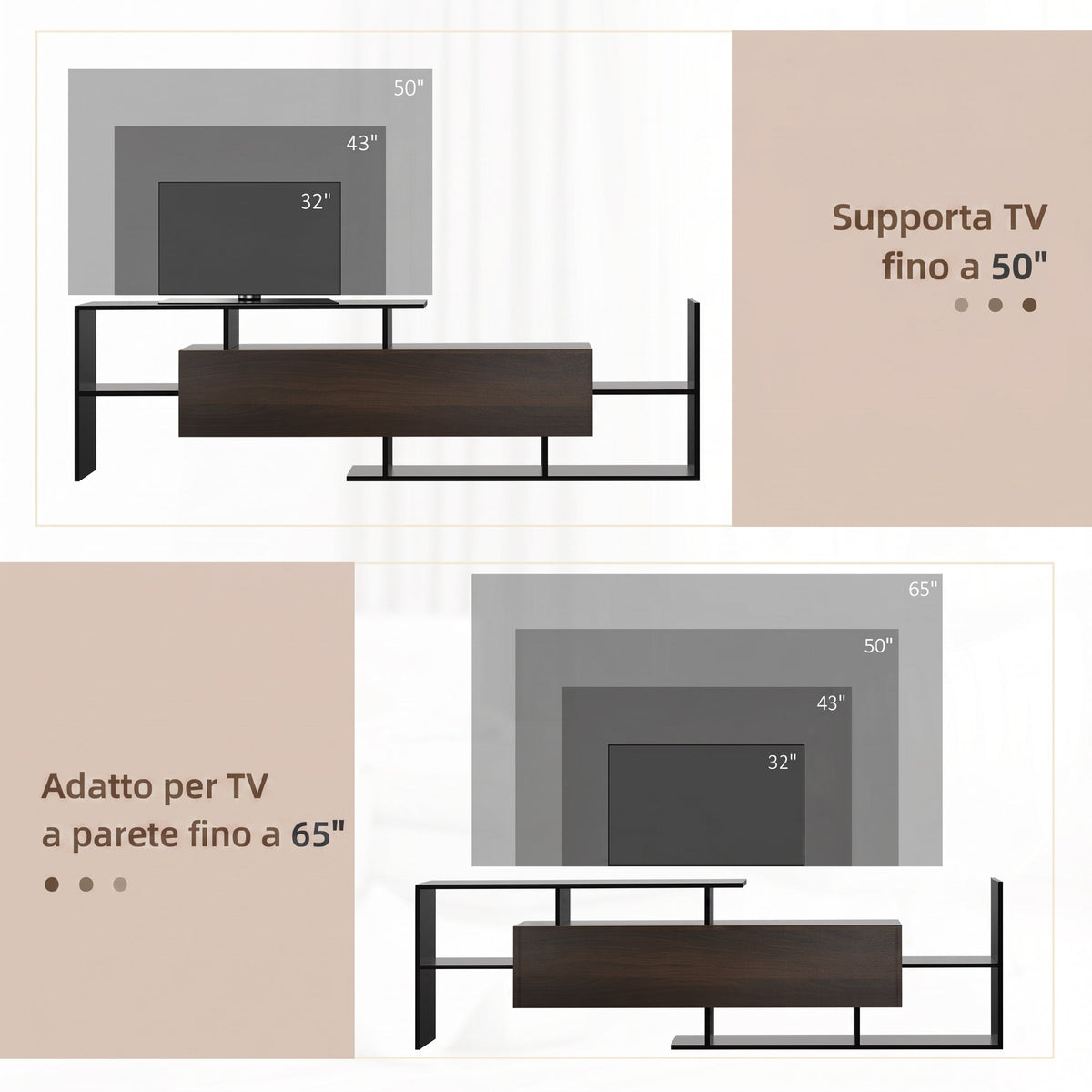 HOMCOM Wall-Mounted TV Stand with Open Shelves and Cabinet for Living Room and Bedroom, Black and Dark Brown