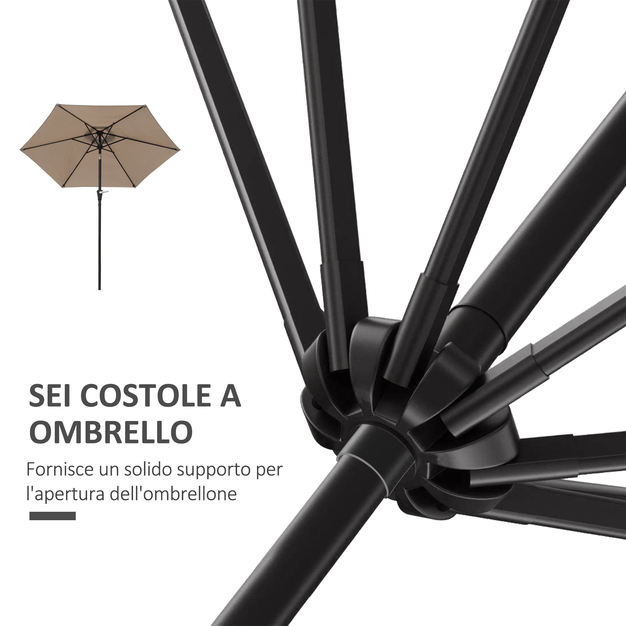Tilting Garden Umbrella 2.3x2m with Crank Opening and 6 Ribs, Khaki - Borgè