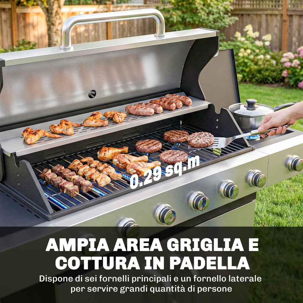 Outsunny Gas Barbecue, 6 Burners, Side Burner, Cast Iron Grill, Cabinet Included.