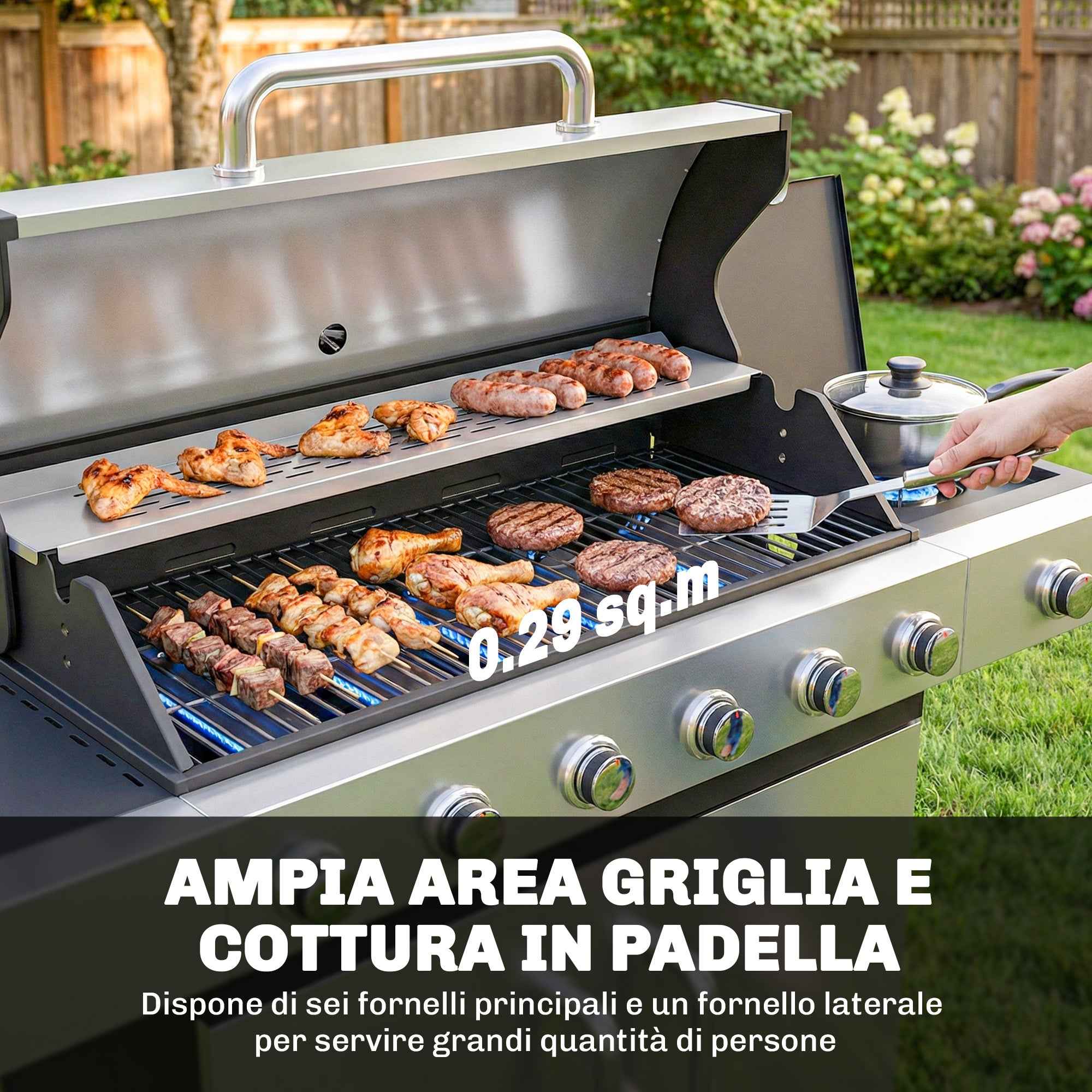 Outsunny Gas Barbecue, 6 Burners, Side Burner, Cast Iron Grill, Cabinet Included.
