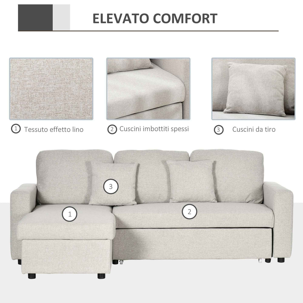 Corner Sofa Bed with 2 Seater Seat and Peninsula, Storage Compartment and 2 Fabric Cushions, Cream