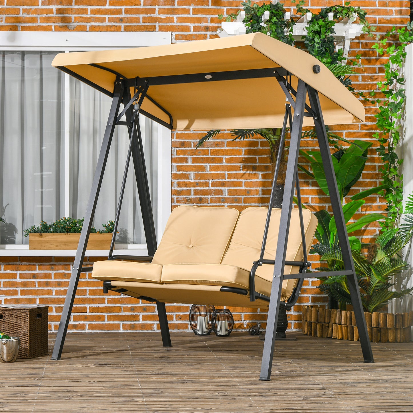 Outsunny 2-seater swing in steel and Teslin fabric with adjustable canopy and cushions, 138x106x174 cm, Beige - Borgè