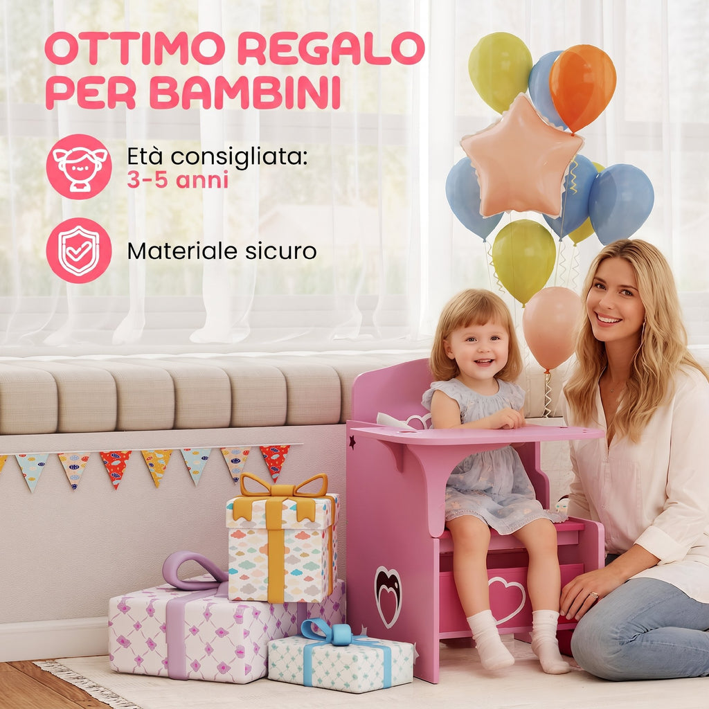AIYAPLAY Children's Table and Chair Set for 3-5 Years Old in MDF Wood with Heart Patterns, Integrated Storage, Pink