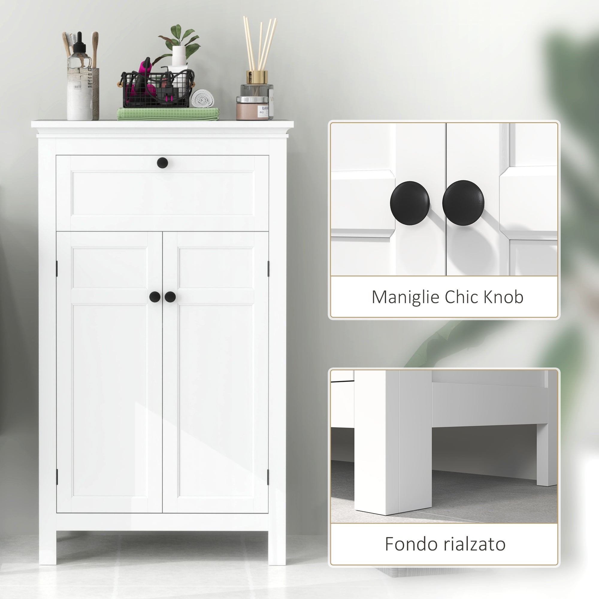 Bathroom Cabinet with 2 Doors and Drawer, Space-Saving Bathroom Cabinet with Adjustable Shelves, 60x30x102.5 cm, White