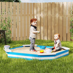 Children's Sandpit with 4 Wooden Corner Seats, Ages 3-6 Years, 133x133x16 cm, Blue and White