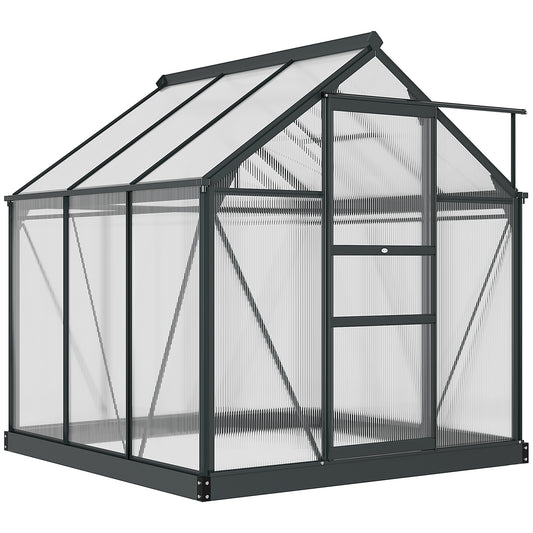 Outsunny Polycarbonate and Aluminum Greenhouse with Sliding Door, Air Intake and Gutter, 1.9x1.9x2m, Gray