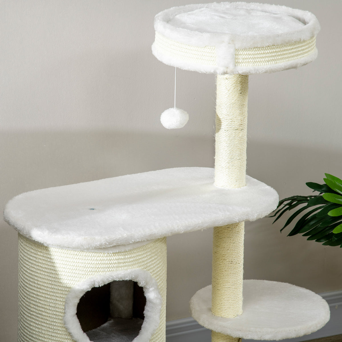 PawHut 100cm Cat Tree with Sisal Scratching Post, Basket and 2-Tier House, Cream