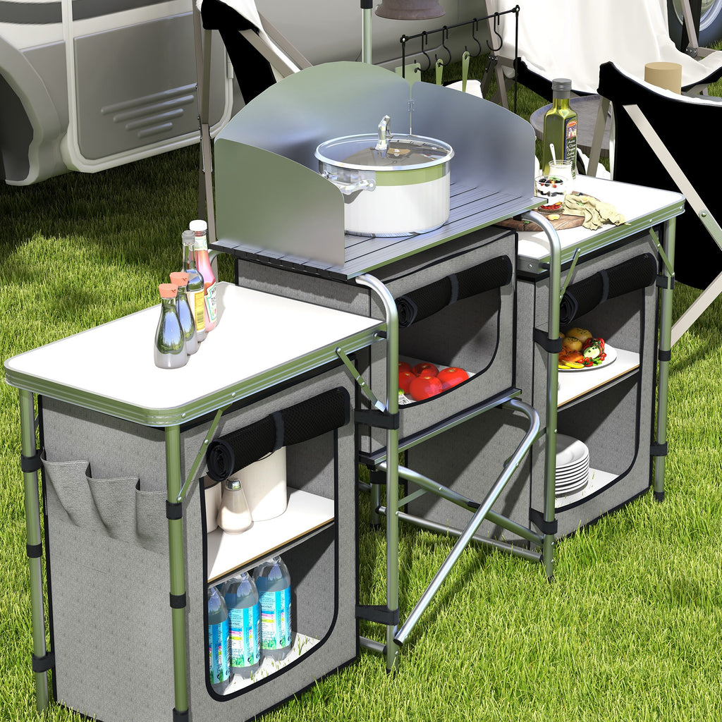 Folding Camping Kitchen with 5 Internal Shelves and 4 Hooks, 172x48x119 cm, Grey and Silver