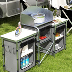 Folding Camping Kitchen with 5 Internal Shelves and 4 Hooks, 172x48x119 cm, Grey and Silver