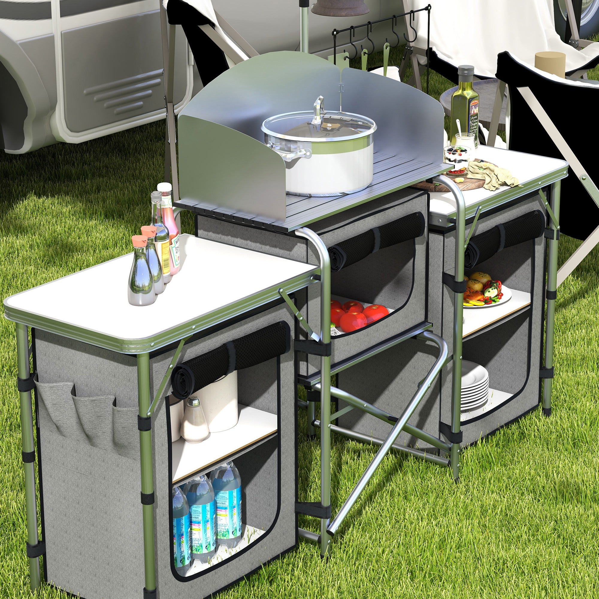 Folding Camping Kitchen with 5 Internal Shelves and 4 Hooks, 172x48x119 cm, Grey and Silver