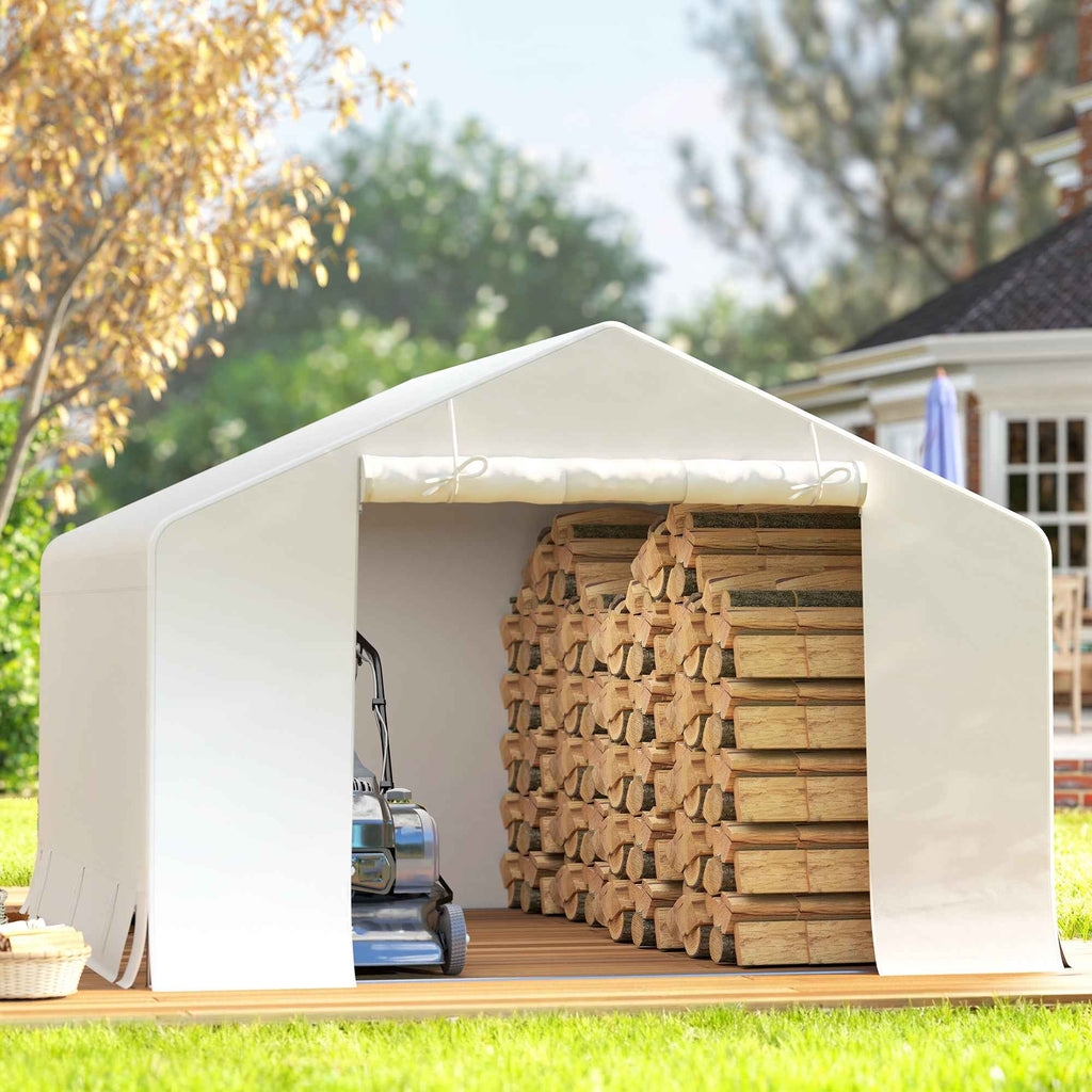 Outsunny 3x3m Waterproof Garden Shed and Garage Tent with Roll-Up Door, Metal and PE, White