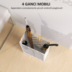 Design Umbrella Stand with Drip Tray and 4 Metal Hooks, 28x14x41 cm, White