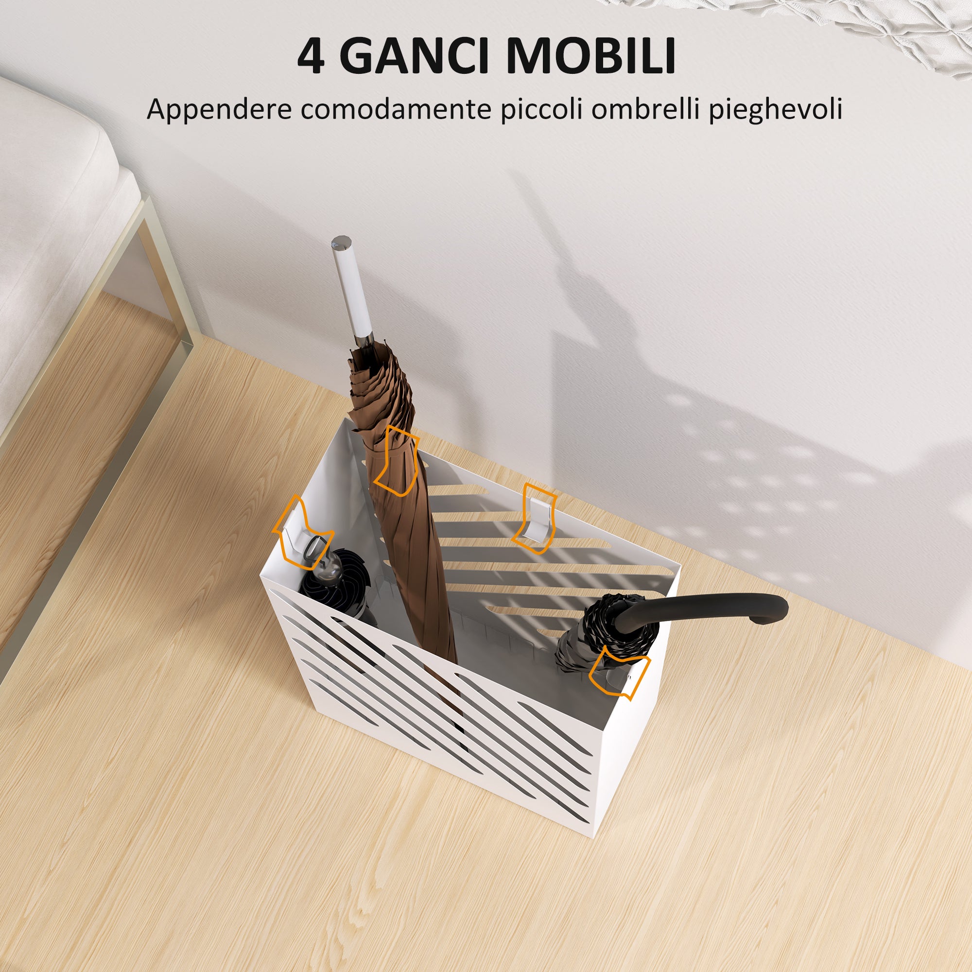 Design Umbrella Stand with Drip Tray and 4 Metal Hooks, 28x14x41 cm, White