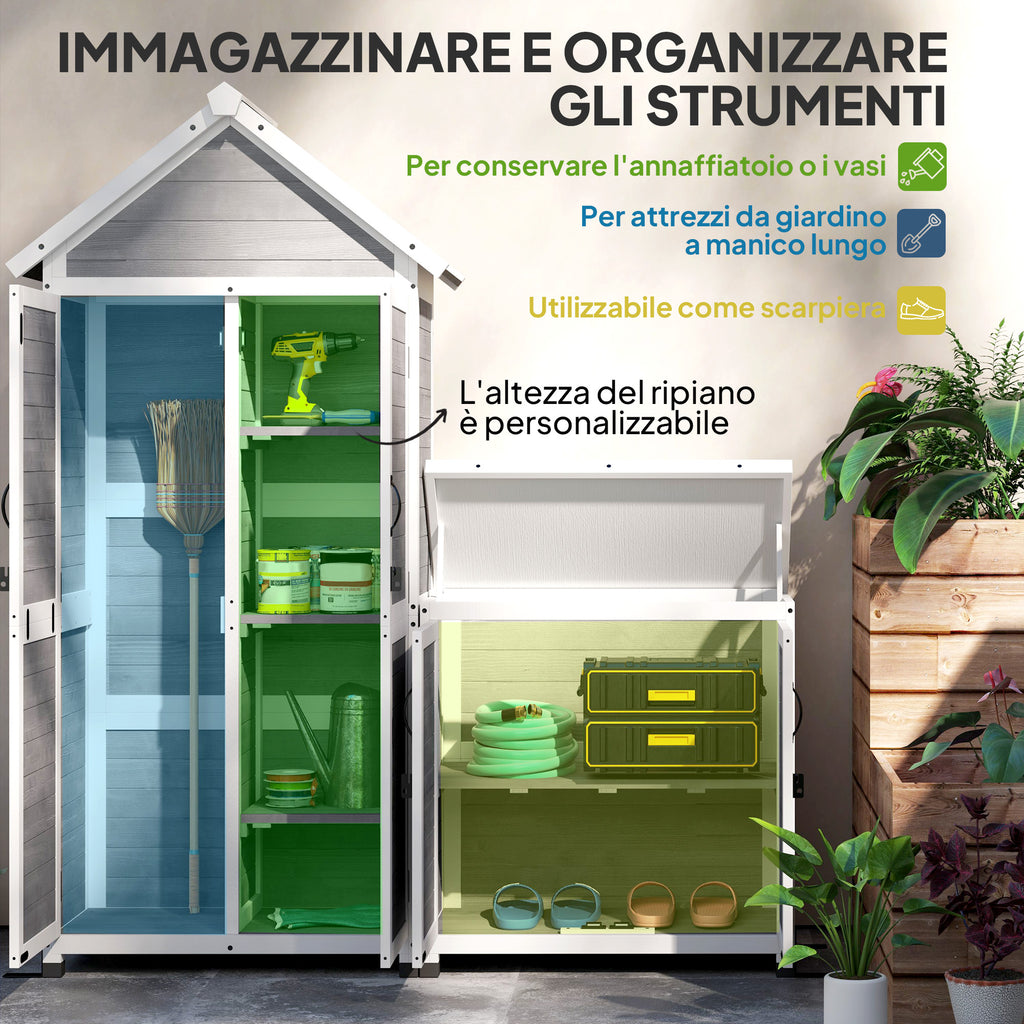 Garden Shed and Outdoor Cabinet with Wooden Opening Roof, Locking Doors, Light Grey