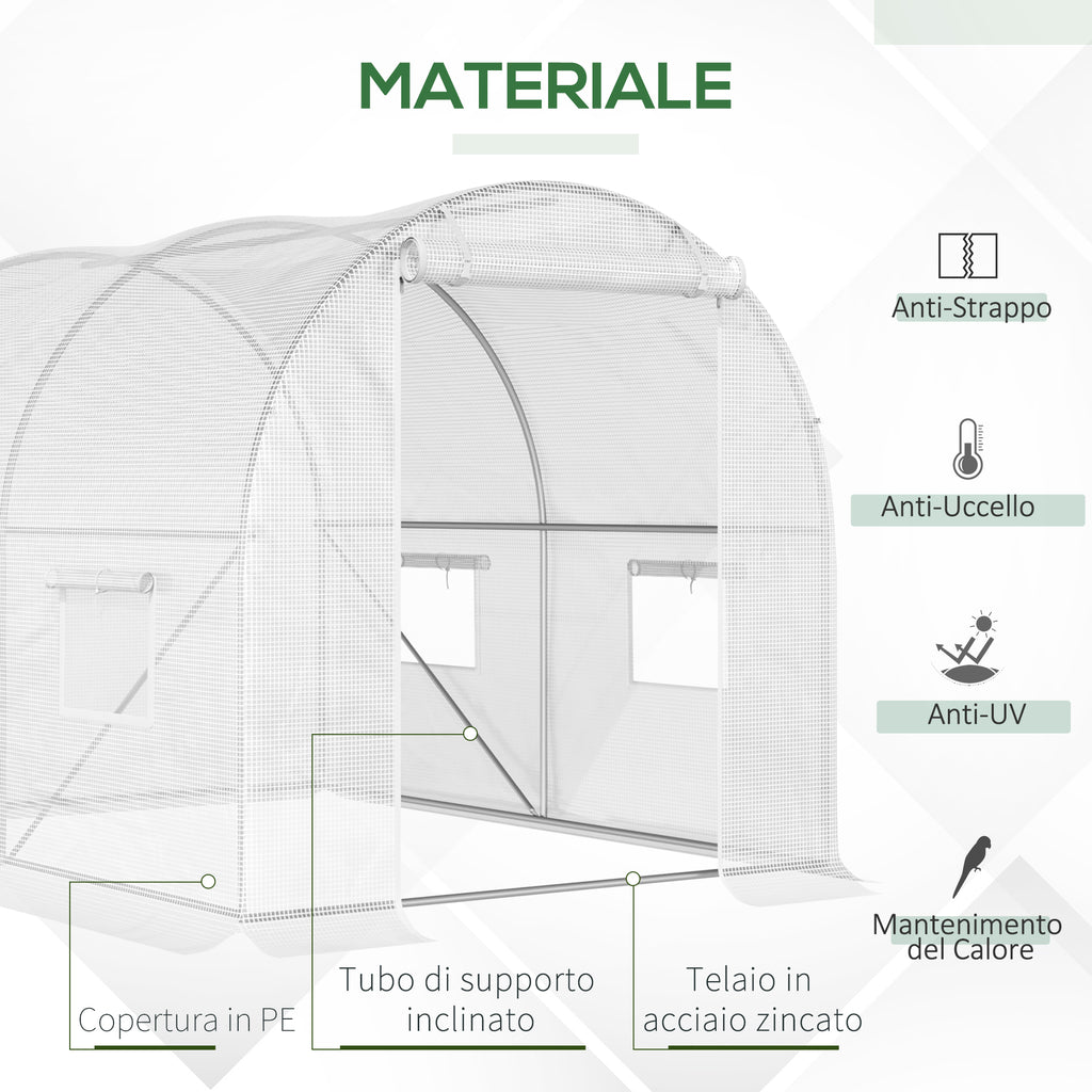 Tunnel Greenhouse with 4 Windows and Zip Entrance in Galvanized Steel and PE, 3x2x1.9 m, White