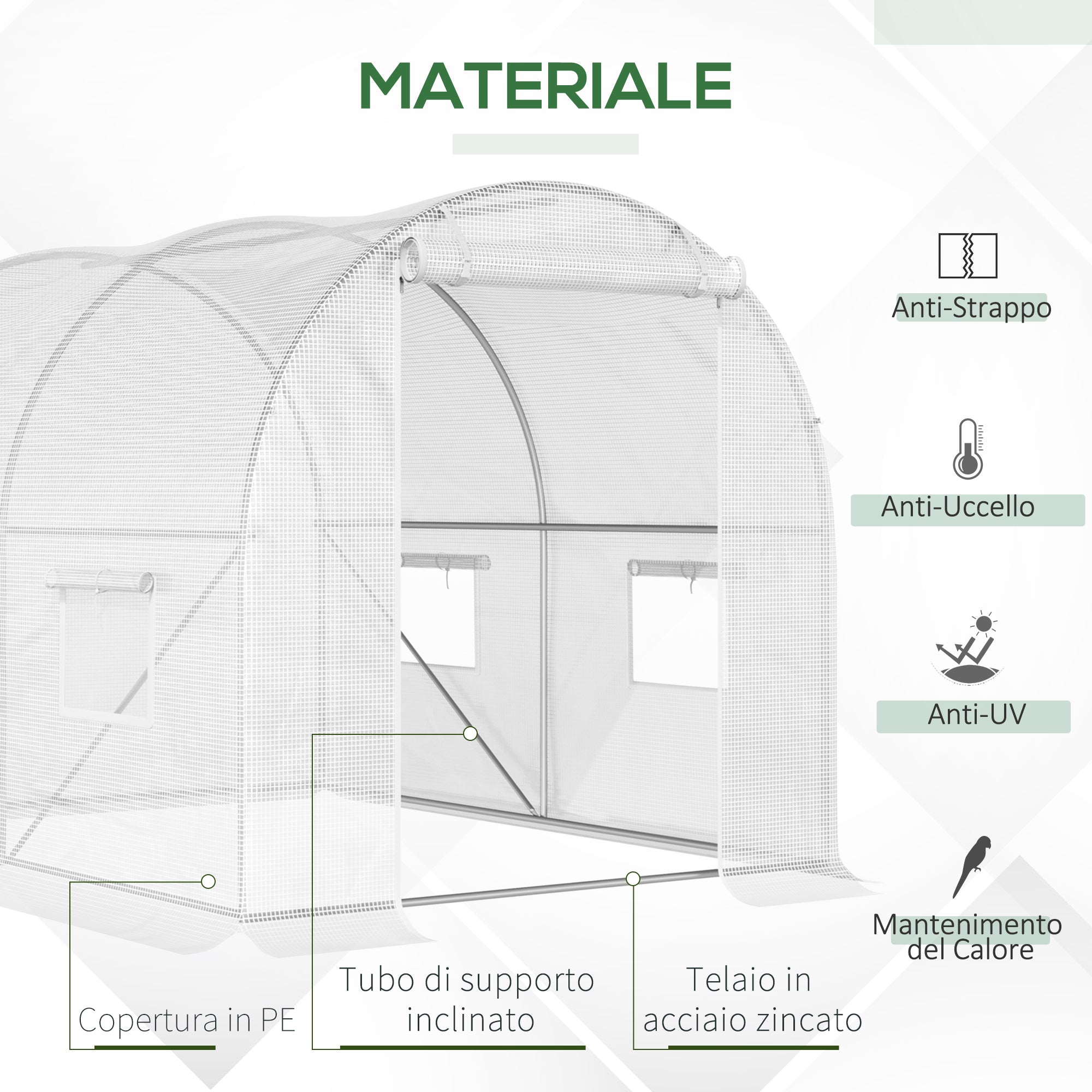 Tunnel Greenhouse with 4 Windows and Zip Entrance in Galvanized Steel and PE, 3x2x1.9 m, White