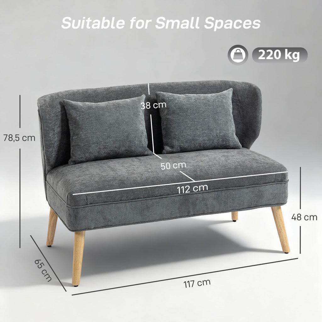 HOMCOM 2-Seater Chenille Sofa with Wide Seat, Thick Padding, 2 Cushions, Rubber Wood Legs, Grey